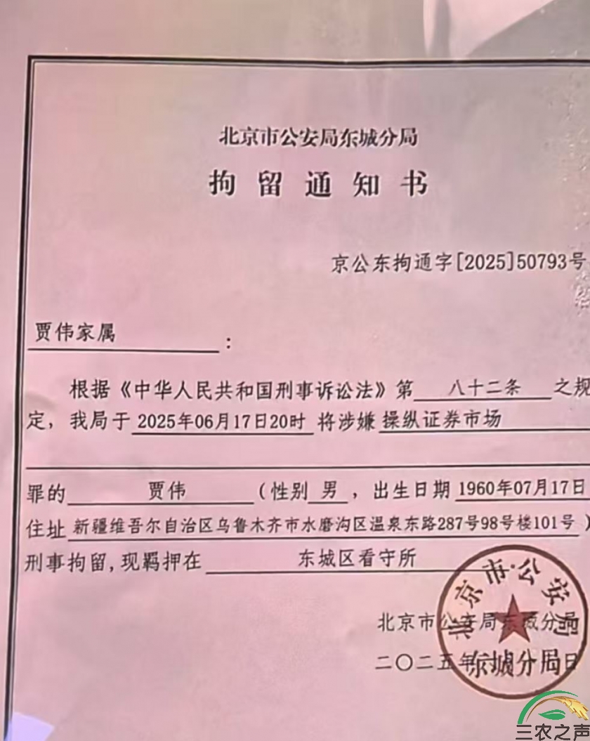 原新疆宏大投资有限公司董事长贾伟在京被刑拘